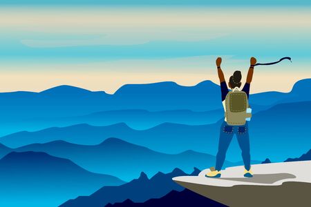 Web vector illustration on the theme of Climbing, Trekking, Hiking, Walking. Sports, outdoor recreation, adventures in nature, vacation. Wanderlust.のイラスト素材