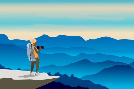 Web vector illustration on the theme of Climbing, Trekking, Hiking, Walking. Sports, outdoor recreation, adventures in nature, vacation. Wanderlust.のイラスト素材