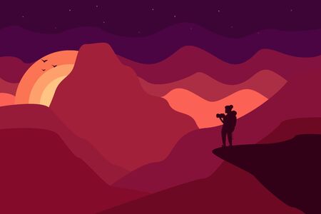 Web vector illustration on the theme of Climbing, Trekking, Hiking, Walking. Sports, outdoor recreation, adventures in nature, vacation. Girl with camera and backpack photo the sunset ot sunrise.のイラスト素材