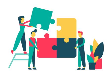 Vector concept of creative teamwork with puzzle and characters. For teamwork concept idea.のイラスト素材