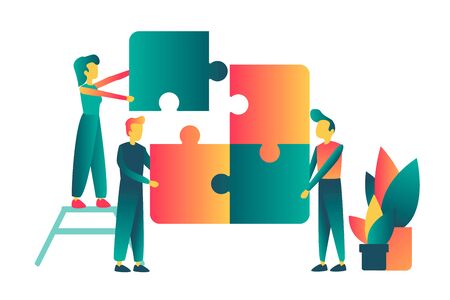 Vector concept of creative teamwork with puzzle and characters. For teamwork concept idea.のイラスト素材