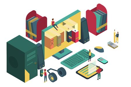 Flat 3d web isometric online education, e-learning, courses infographic concept vector.Keyboard,desktop computer, books, flash drive, document.のイラスト素材