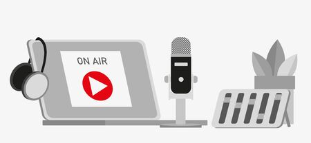 Flat vector illustration for podcasting, broadcasting, straeming or online radio. Equipment for entertaiment, recording the podcasts and streaming games and etc. One color palette.のイラスト素材