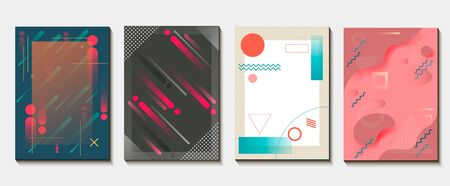 Set Memphis cards for congratulations. Hipster poster, juicy, bright color background. Invitation to a party.の写真素材
