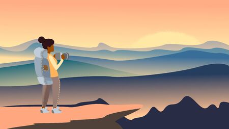 Web vector illustration on the theme of Climbing, Trekking, Hiking, Walking. Sports, outdoor recreation, adventures in nature, vacation. Wanderlust.の写真素材