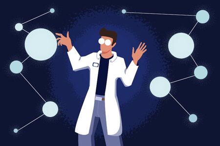 Male scientist in lab coat checking artificial neurons connected into neural network. Computational neuroscience, machine learning, scientific research. Vector illustration in flat cartoon style.の写真素材