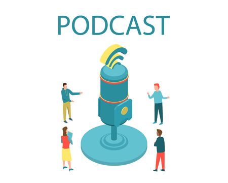 Isometric vector illustration for podcasting, broadcasting, straeming or online radio. Equipment for entertaiment, recording the podcasts and streaming games and etc. People with giant mic.のイラスト素材