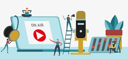 Flat vector illustration for podcasting, broadcasting, straeming or online radio. Equipment for entertaiment, recording the podcasts and streaming games and etc. People work together for creating podcast.のイラスト素材
