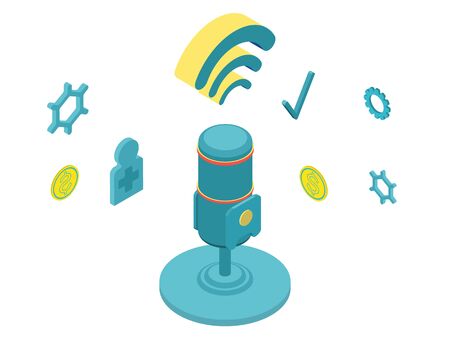 Isometric vector illustration for podcasting, broadcasting, straeming or online radio. Equipment for entertaiment, recording the podcasts and streaming games and etc. People with giant mic.のイラスト素材