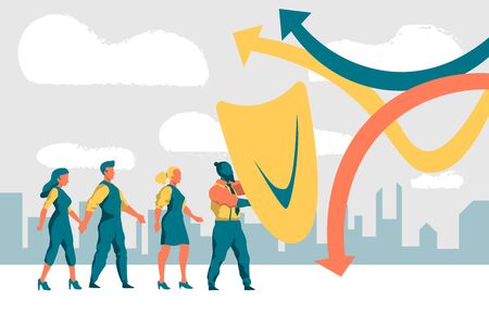 Office man shielding peoples from any danger, insurance contemporary concept Security, financial safety, insurance, full protection guarantee concept. Flat style vector illustrationのイラスト素材