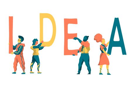 Teamwork idea creation concept for business presentation. Teamwork idea banner for templates. Set of characters holding giant letters of idea.のイラスト素材