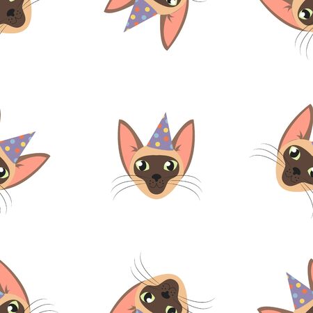 Vector siamese Cat head for cats happy birthday celebration greeting cards or invitation banners seamless pattern.のイラスト素材