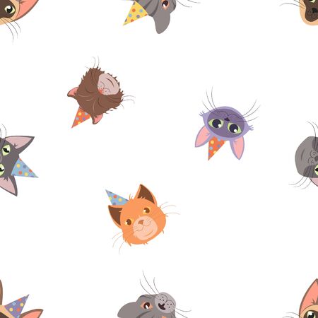 Vector Cat head for cats happy birthday celebration greeting cards or invitation banners seamless pattern.のイラスト素材