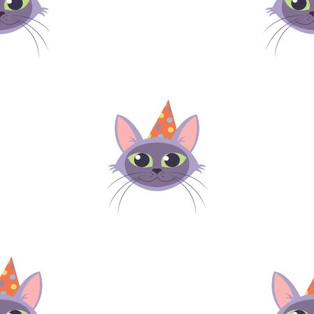 Vector Cat head for cats happy birthday celebration greeting cards or invitation banners seamless pattern.のイラスト素材