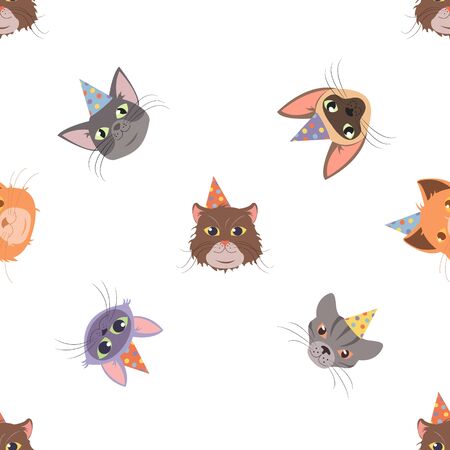 Vector Cat head for cats happy birthday celebration greeting cards or invitation banners seamless pattern.のイラスト素材