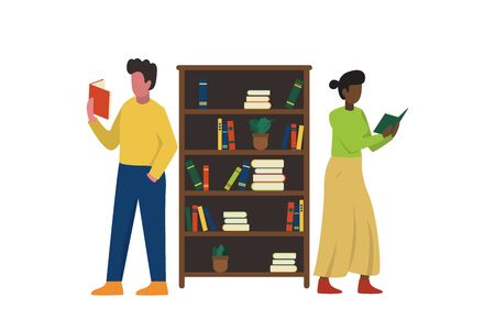 Vector illustration people learn and gain knowledge. The creative design of the schedule students learn on books. Boy and girl reading books near the bookshelfs.のイラスト素材