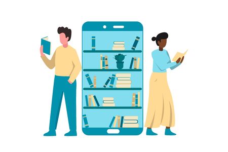 Boy and girl reading books online from smartphones. Online library concept. E-learning vctor illustration.のイラスト素材