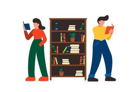 Vector illustration people learn and gain knowledge. The creative design of the schedule students learn on books. Boy and girl reading books near the bookshelfs.のイラスト素材