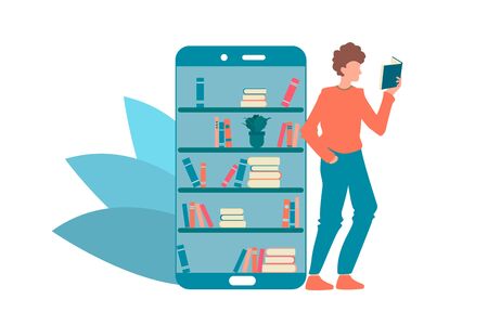 Boy reading books online from smartphones. Online library concept. E-learning vctor illustration.のイラスト素材