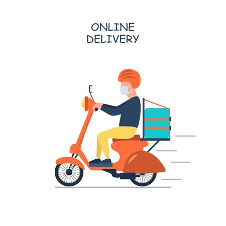 Poster concept for home delivery. Restaurant or supermarket delivering food at doorstep in quarantine. Sitting home and Order online food at anytime.Man with mask delivering food on bike.Food delivery illustration.のイラスト素材
