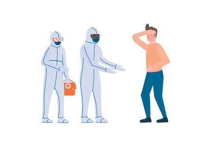 Vector illustration of doctors in protective clothes isolated on white. Medical worker wearing protection from urban air pollution, airborne diseases like coronavirus meet the person with desease for helping him.のイラスト素材