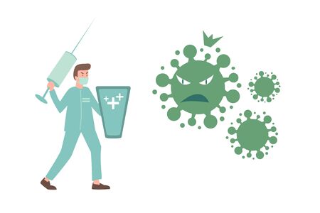 Vector illustration man fight against covid-19 virus or coronavirus. Cure coronavirus concept. Dont be afraid coronavirus, stop coronavirus concept vector illustration.のイラスト素材