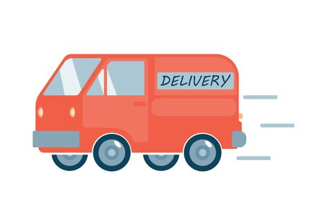 Poster concept for home goods delivery. Restaurant or supermarket delivering food by track at doorstep in quarantine. Sitting home and Order online food or goods at anytime. Track food delivering.のイラスト素材