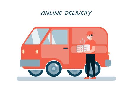 Poster concept for online pizza delivery. Restaurant or supermarket delivering pizza at doorstep in quarantine. Sitting home and Order online food at anytime. Man with mask delivering pizza on van.のイラスト素材