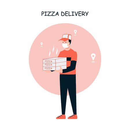 Poster concept for online pizza delivery. Restaurant or supermarket delivering pizza at doorstep in quarantine. Sitting home and Order online food at anytime. Man with mask delivering hot pizza.のイラスト素材