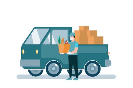 Poster concept for home delivery. Restaurant or supermarket delivering food at doorstep in quarantine. Sitting home and Order online food at anytime.Man with mask delivering food on van. Food delivery illustration.のイラスト素材
