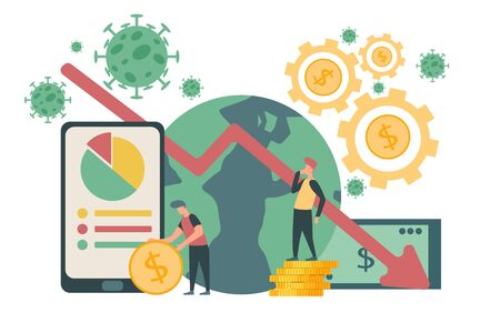 Flat illustration vector of The global economics Impact of COVID-19 novel coronavirus . The virus affects the global economy. Economy graph chart down and red arrow down. Flat characters work for protect economics.のイラスト素材