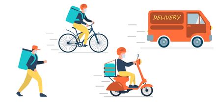 Poster concept for online delivery. Restaurant or supermarket delivering food at doorstep in quarantine. Sitting home and Order online food at anytime. Man with mask delivering food on afoot, scooter, bicycle or track. Food delivery illustration set.のイラスト素材