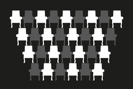 Social distance in theatre. Theater work in pandemic atmosphere. hess order for sitting people. Chairs in chess order. Monochrome vector illustration.のイラスト素材