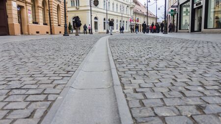 Sibiu, Romania - March 13, 2016: People walking on the main pedestrian street in Sibiu, Romaniaのeditorial素材