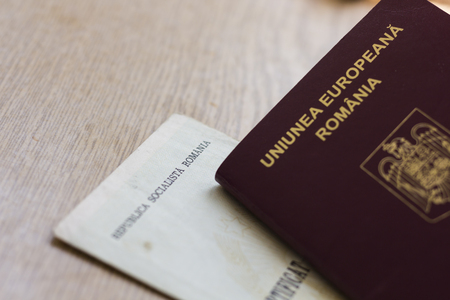Romanian EU passport and Socialist Republic birth certificateの写真素材