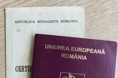 Romanian EU passport and Socialist Republic birth certificateの写真素材