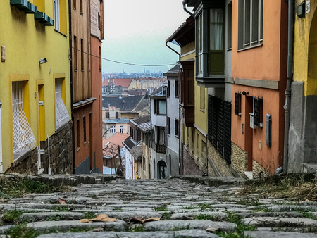 Cobblestone street in Budapest, Hungaryの写真素材