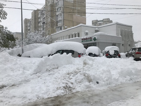 Chisinau, Moldova - April 21, 2017: Heavey snowfall hits Chisinau in the middle of springのeditorial素材