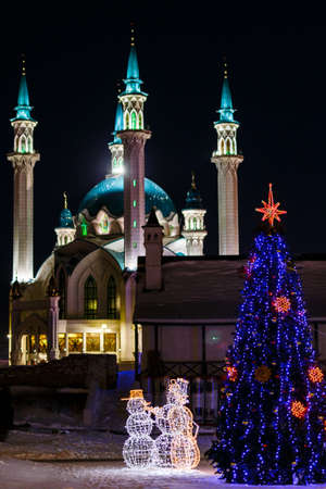 mosque kul sharif with a green backlight at night, Kazanの写真素材