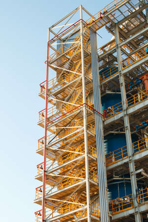 Industrial factory, steel pipelines, tubes at brewery production. Large workshop with tools equipmentの写真素材