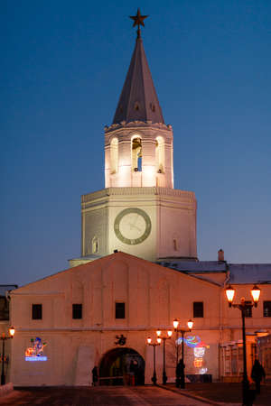 View of the ancient walls and Spasskaya tower of the Kazan Kremlin, Republic of Tatarstan, Russia.の写真素材
