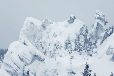 Beautiful winter landscape with snow covered trees in mountainsの写真素材