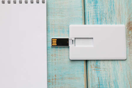 Corporate branding mockup template, isolated on blue wooden background.の写真素材