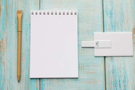 Corporate branding mockup template, isolated on blue wooden background.の写真素材