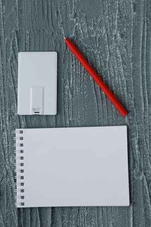 Corporate branding mockup template, isolated on wooden and leather background.