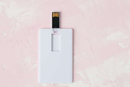 Blank white plastic wafer usb card design mockup.Visiting flash drive namecard mock up. Call-card disk souvenir presentation. Flat wallet credit stick adapter.の写真素材