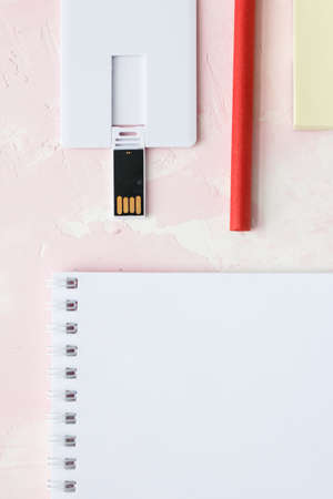 Blank white plastic wafer usb card design mockup.Visiting flash drive namecard mock up. Call-card disk souvenir presentation. Flat wallet credit stick adapter.の写真素材