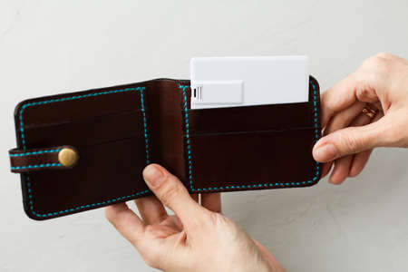 Visiting calling cards mockup sleeve cardholder pocket. Clear paper cards branding in grey wallet...