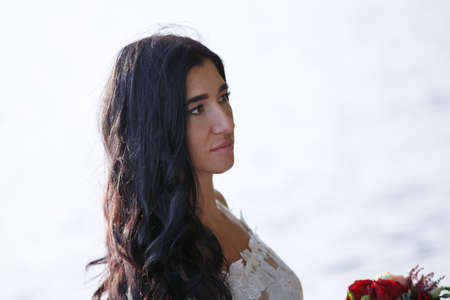 sexy Glamour Summer Beautiful Woman with Healthy and Beauty Brown Hairの写真素材