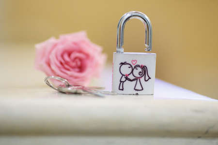 white and Pink lock of a newly-married couple with kissing bride and groomの写真素材